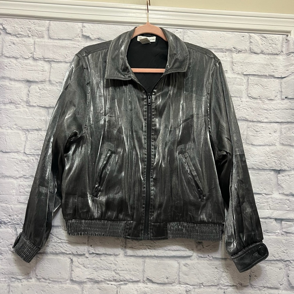 VTG NY Jeans Jacket Womens Metallic Silver Bomber Jacket Size M Streetwear